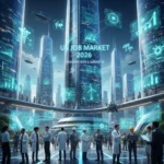 Futuristic cityscape with digital data, healthcare, and green energy symbols, representing the 2026 US job market shift and rapid industry growth.