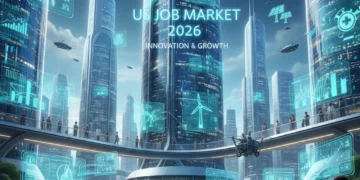 Futuristic cityscape with digital data, healthcare, and green energy symbols, representing the 2026 US job market shift and rapid industry growth.