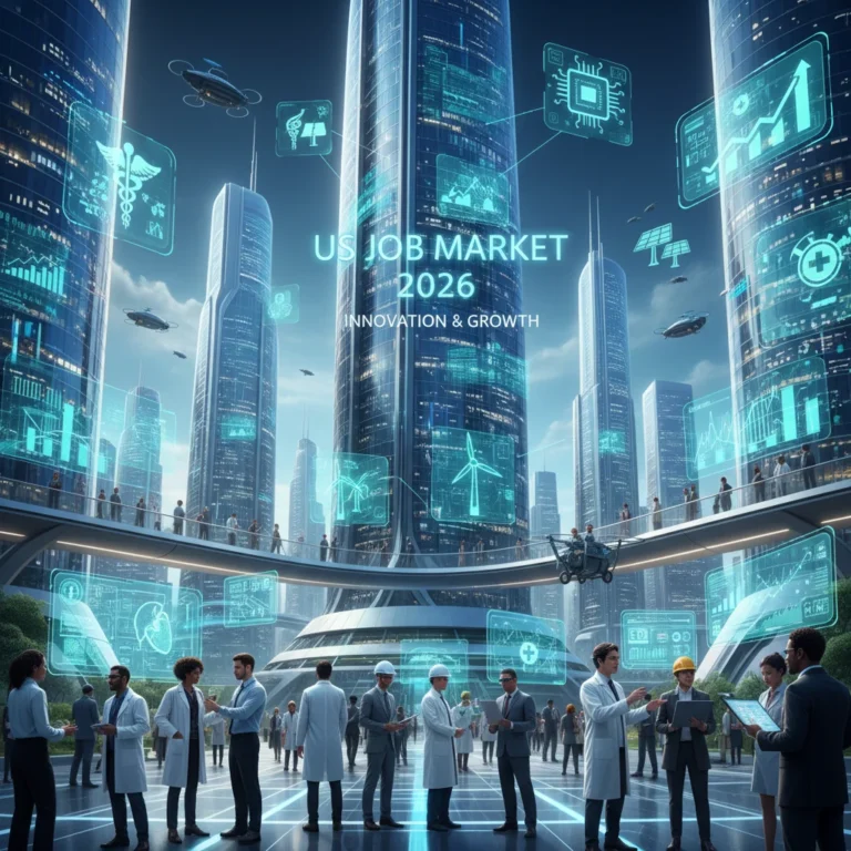 Futuristic cityscape with digital data, healthcare, and green energy symbols, representing the 2026 US job market shift and rapid industry growth.