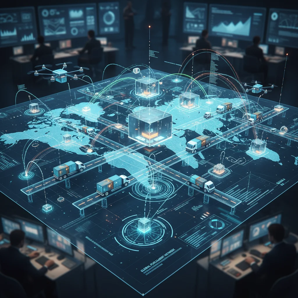 Advanced e-commerce logistics network with drones and data flow.