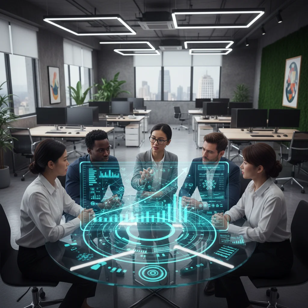Professionals analyzing AI-driven data and predictive models in a modern office