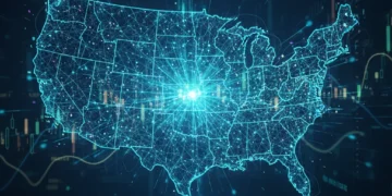 AI integration reshaping US industries, futuristic digital network over USA map