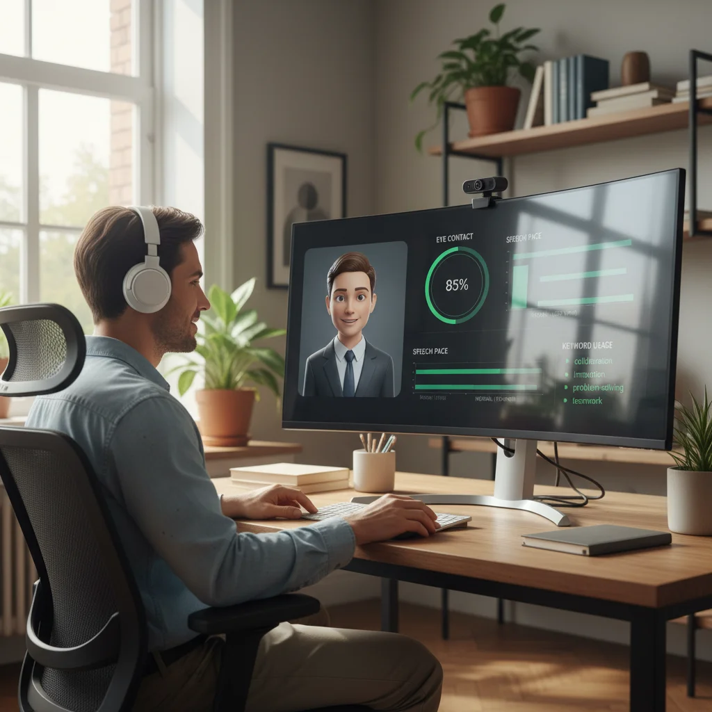 Individual practicing with an AI interview coach, receiving real-time feedback for skill improvement.