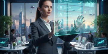 Professional interacting with AI job search interface, showing career growth and technological advancement.