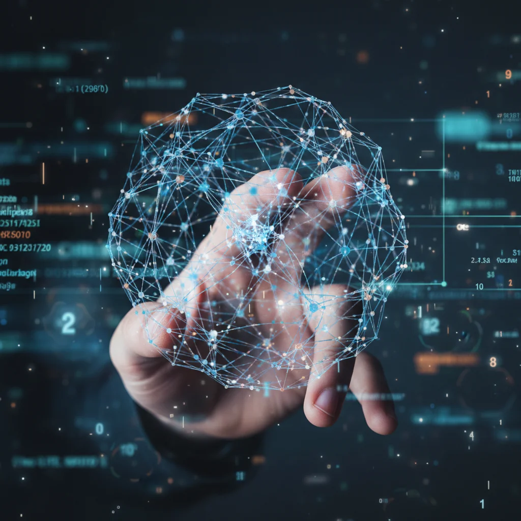 Human hand interacting with a glowing neural network, symbolizing the integration and advancement of Artificial Intelligence.