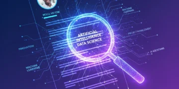 AI scanning a resume with digital algorithms and glowing data points for optimization