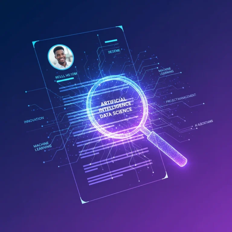 AI scanning a resume with digital algorithms and glowing data points for optimization