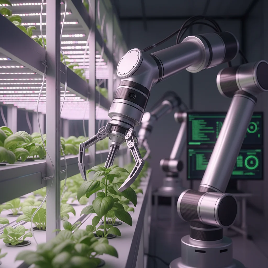 AI-powered robotic arm in vertical farm for sustainable agriculture