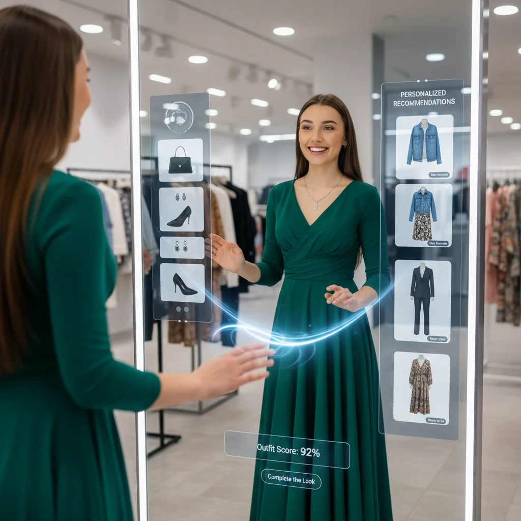 Customer using AI smart mirror for virtual try-on in retail