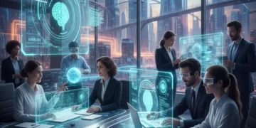 Professionals adapting to AI workforce shift with technology integration