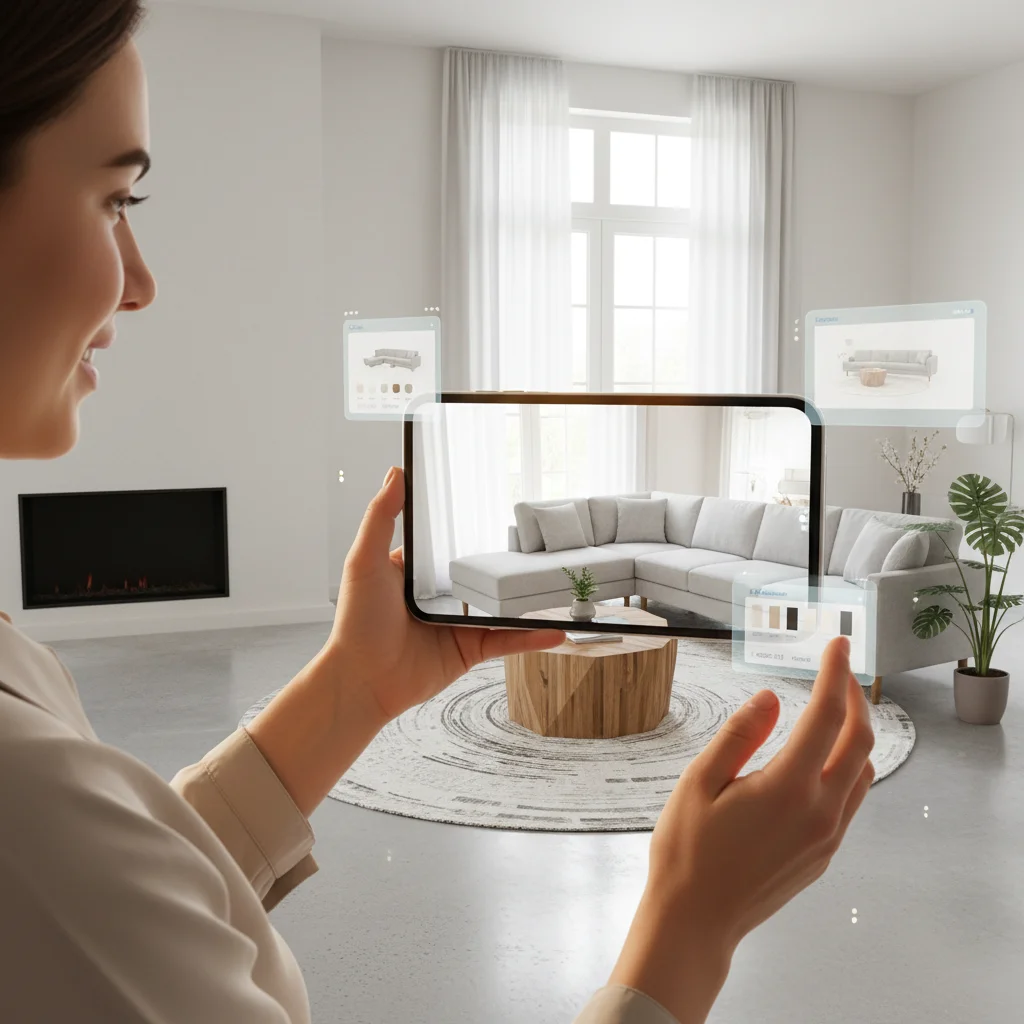 Customer using augmented reality for furniture shopping, demonstrating immersive e-commerce experiences.