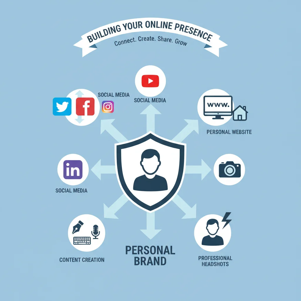 Infographic demonstrating components of building a strong online personal brand, including social media and content creation.