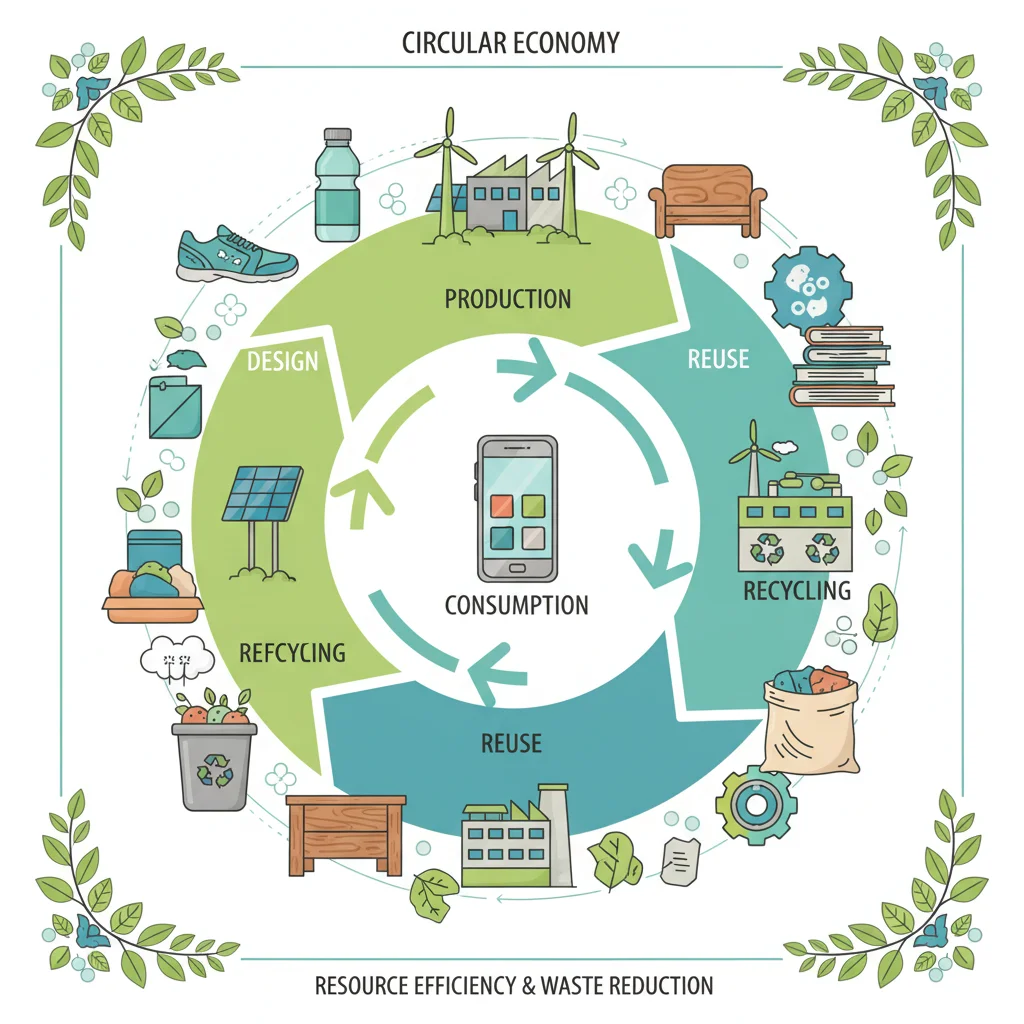 Diagram illustrating the principles and benefits of a circular economy model.