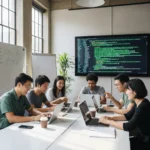 Coding Bootcamps with Guaranteed Placements: Top US Programs 2026 Students collaborating in a modern coding bootcamp classroom with laptops and code on screen.