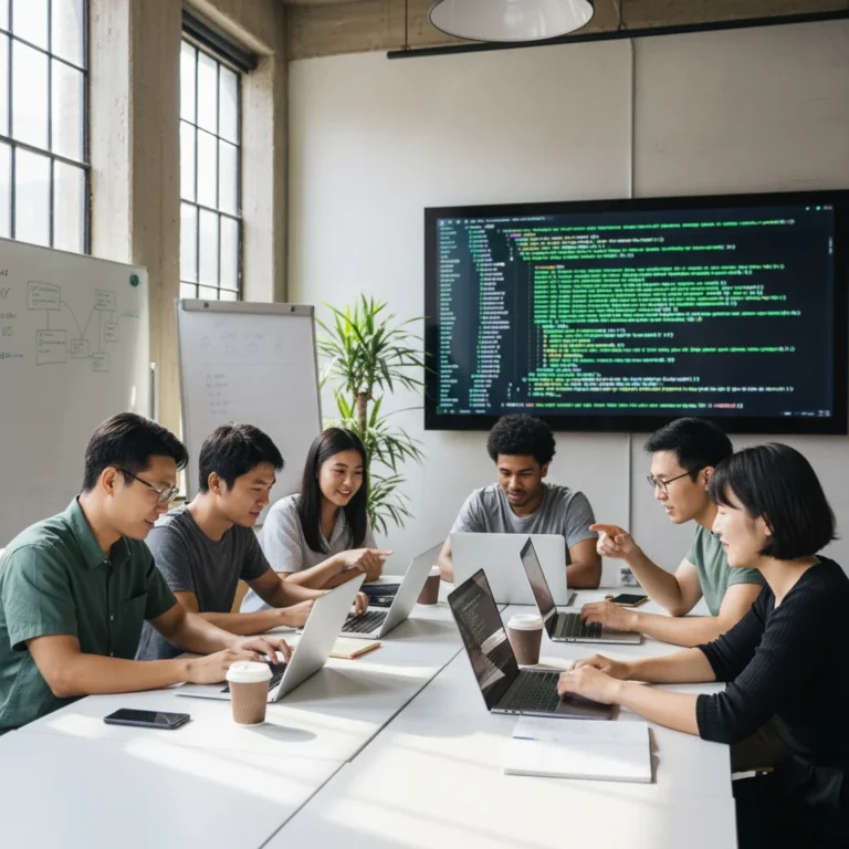 Students collaborating in a modern coding bootcamp classroom with laptops and code on screen.