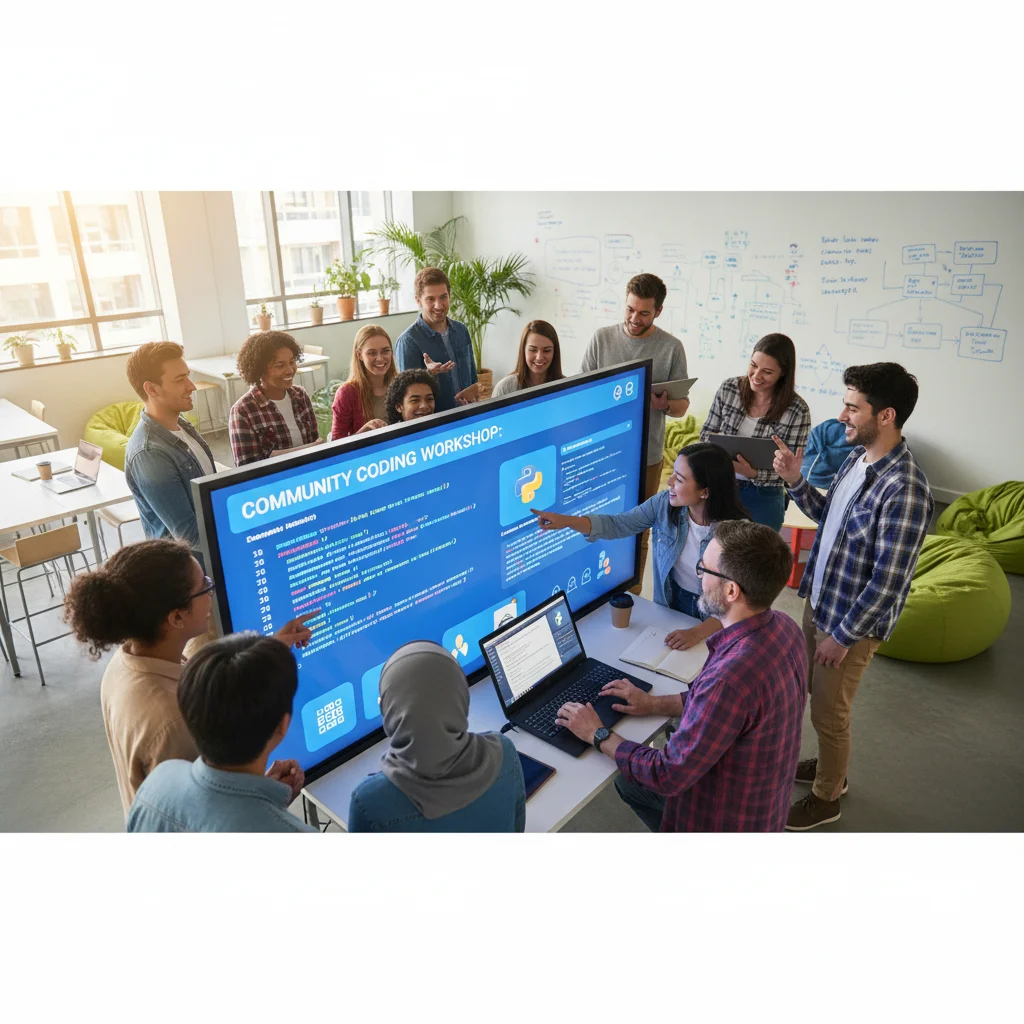 Diverse students learning coding together using an interactive educational app.