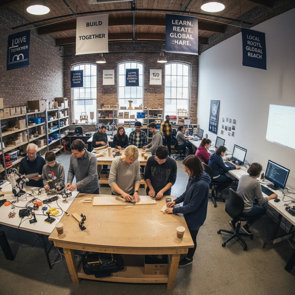 Community workshop with individuals collaborating on practical skills