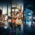 Modern consumers engaging with diverse shopping experiences online and offline, reflecting future spending habits.