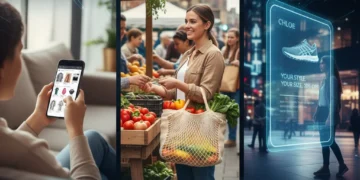 Modern consumers engaging with diverse shopping experiences online and offline, reflecting future spending habits.
