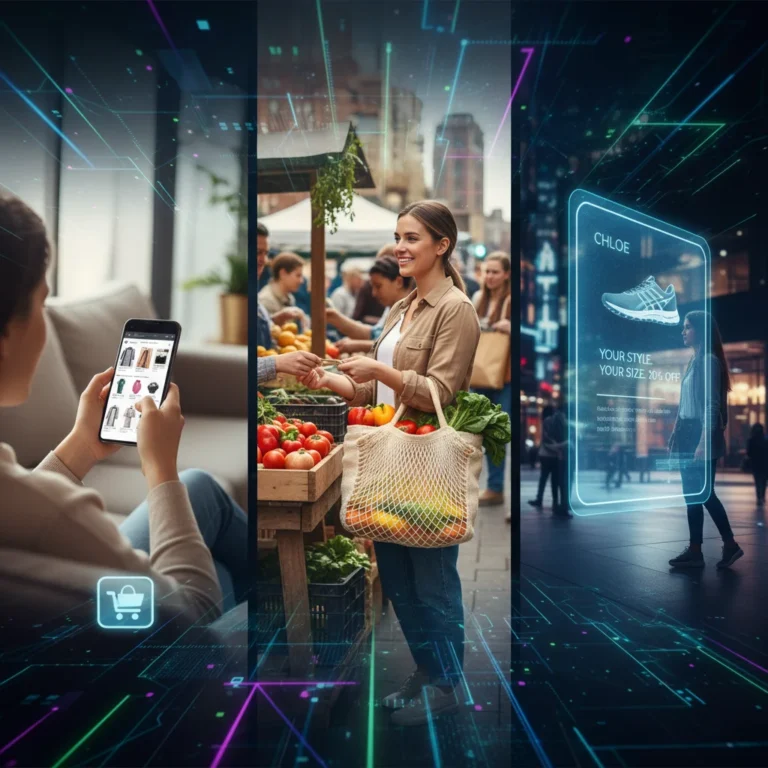 Modern consumers engaging with diverse shopping experiences online and offline, reflecting future spending habits.