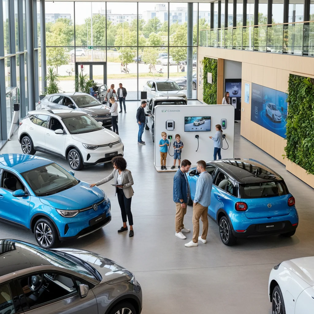 Consumers exploring electric vehicles at a modern dealership