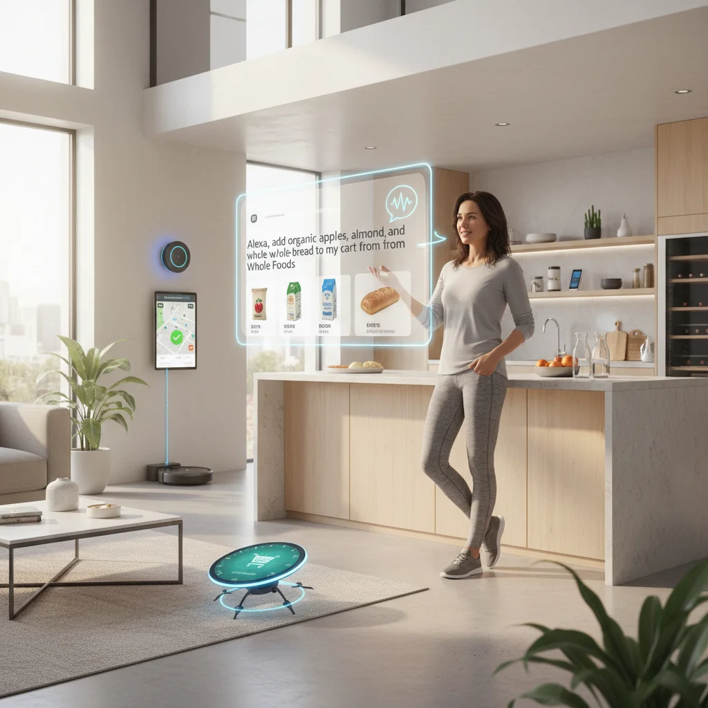 Consumer interacting with smart home devices for conversational commerce.