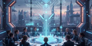 Professionals collaborating in a futuristic meeting, symbolizing corporate learning trends and future skills development.
