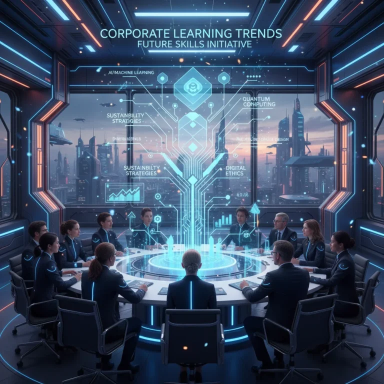 Professionals collaborating in a futuristic meeting, symbolizing corporate learning trends and future skills development.