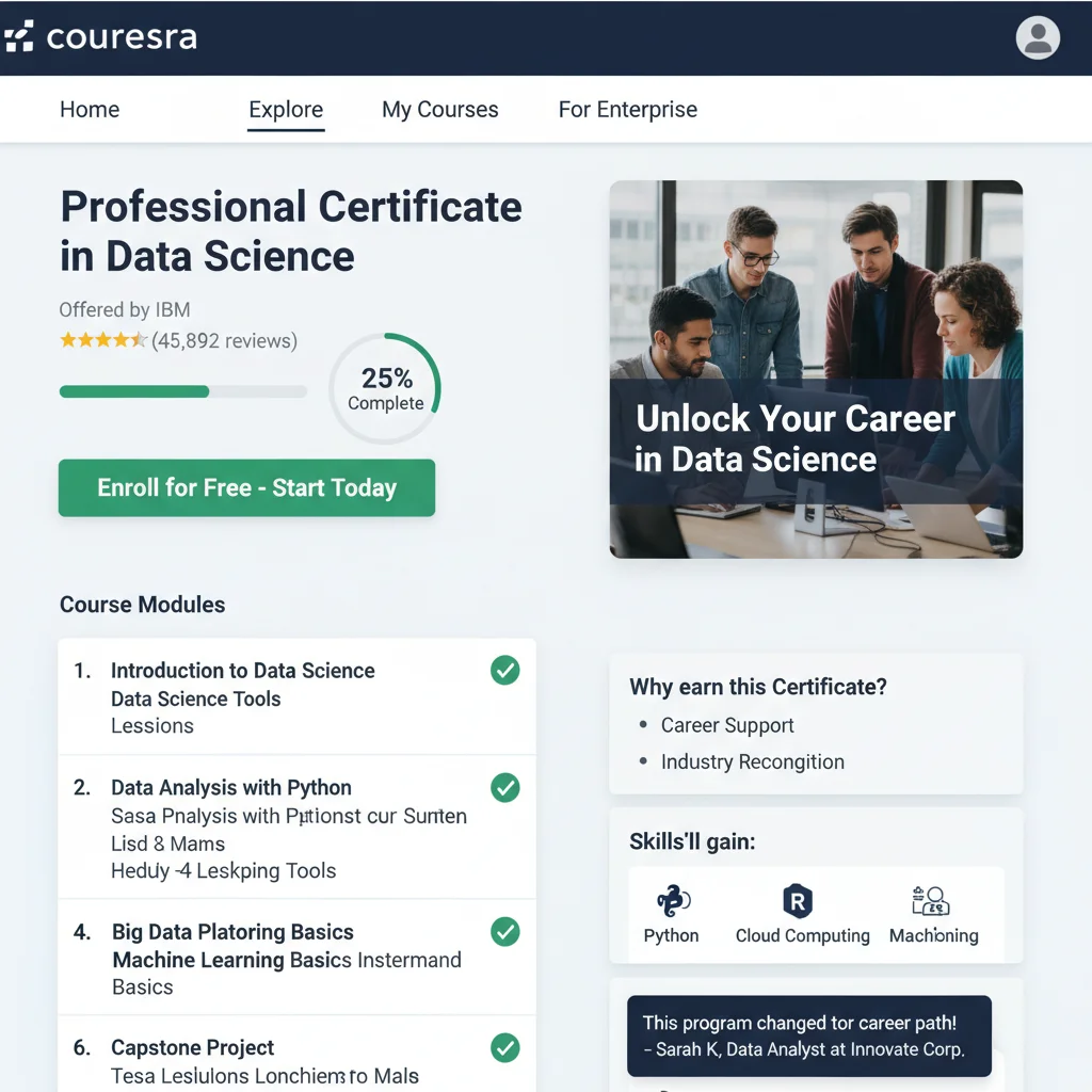 Coursera platform interface showing a data science professional certificate program.