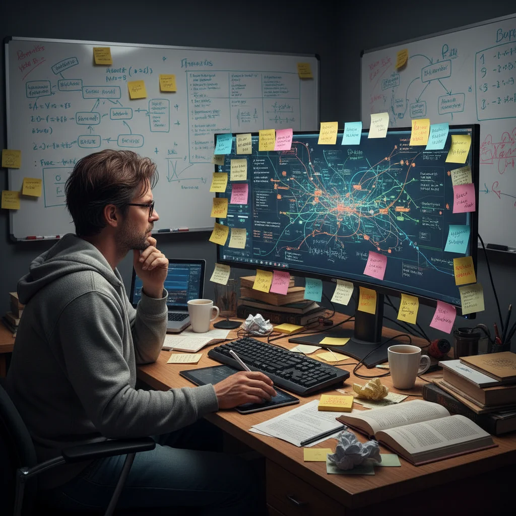Individual engaged in critical thinking and problem-solving at a desk