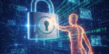 Futuristic digital lock representing cybersecurity training leading to career opportunities.