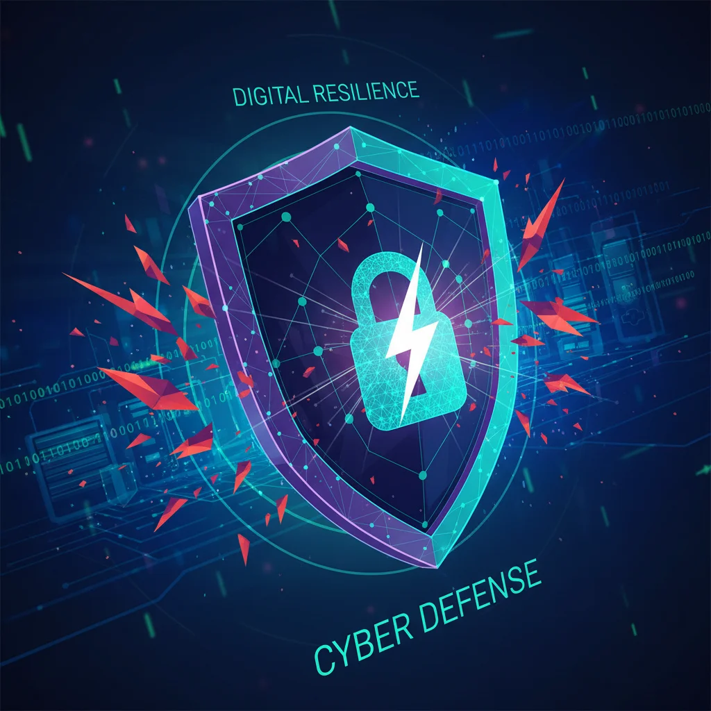 Interconnected data points forming a shield, symbolizing advanced cybersecurity protection for digital infrastructure.