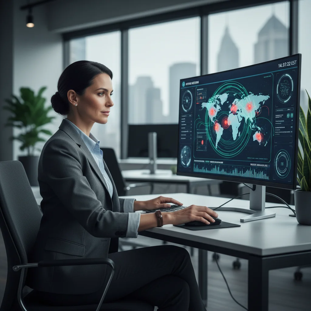 Cybersecurity professional monitoring a security dashboard in a modern office.