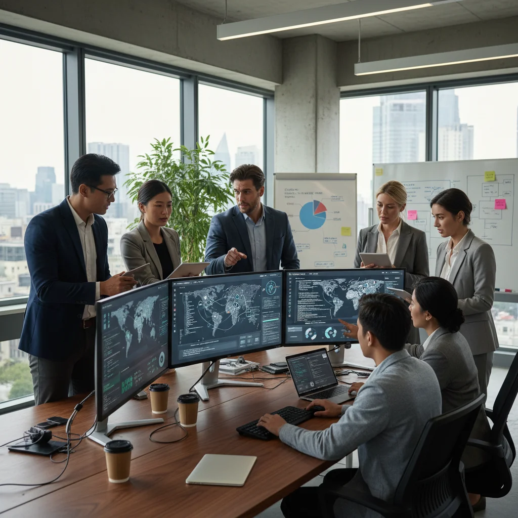 Cybersecurity professionals collaborating in an office