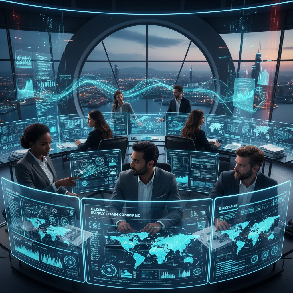Supply chain professionals analyzing data in a control tower, demonstrating collaborative decision-making and data-driven insights.