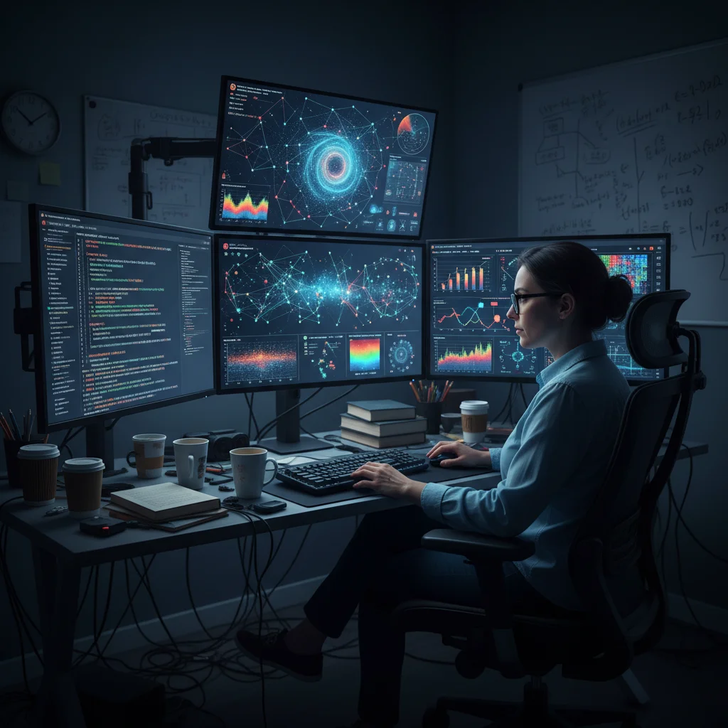 Individual analyzing data visualizations and code on multiple screens for data science certification.