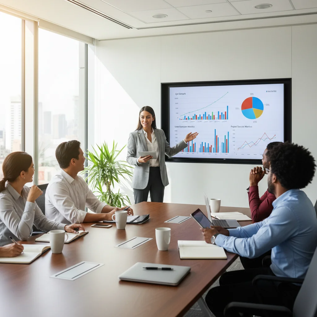 Data scientist presenting project findings to a team in a corporate meeting.
