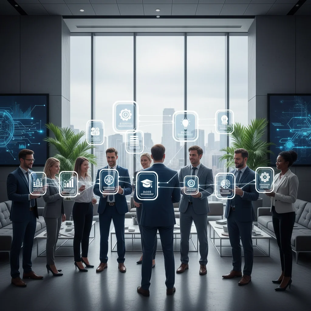 Professionals networking and sharing digital micro-credentials