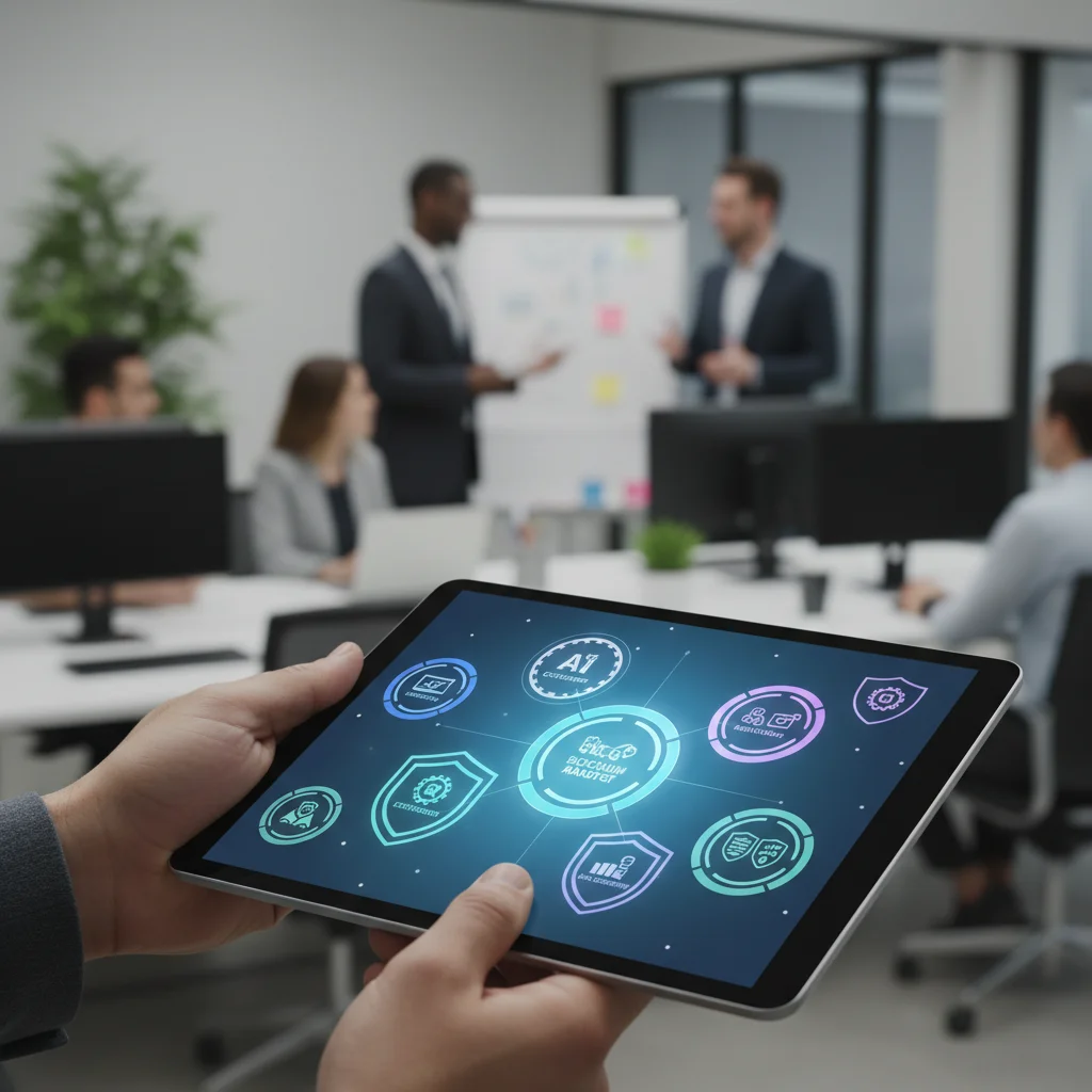 Digital certification badges displayed on a tablet, representing modern credentialing.