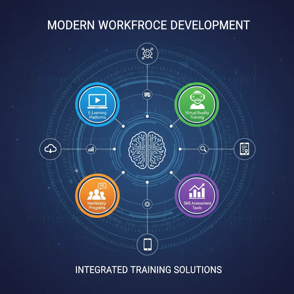 Digital learning ecosystem with interconnected training technologies.