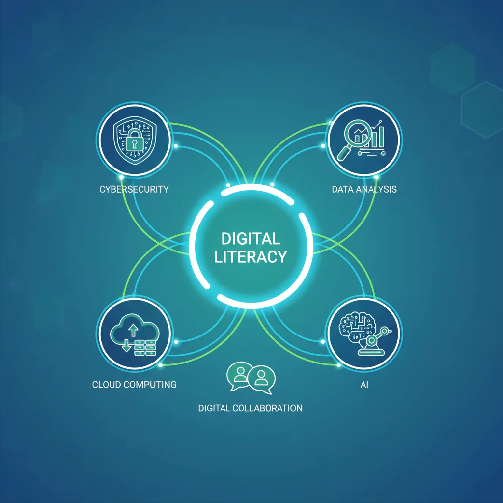 Infographic displaying interconnected digital literacy concepts