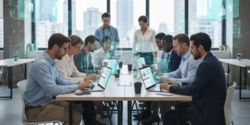 Professionals learning digital skills on laptops and tablets in a modern office