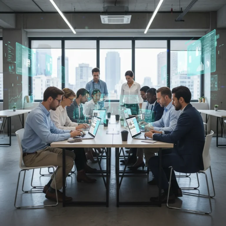 Professionals learning digital skills on laptops and tablets in a modern office