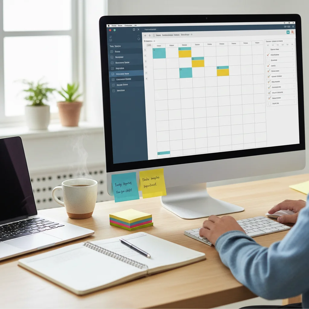 Organized student managing digital schedule and tasks for remote studies.