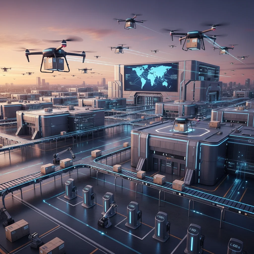 Advanced e-commerce supply chain with automated warehouses and drone delivery systems.