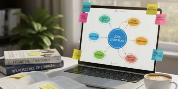 Effective study setup with mind map and books for learning retention