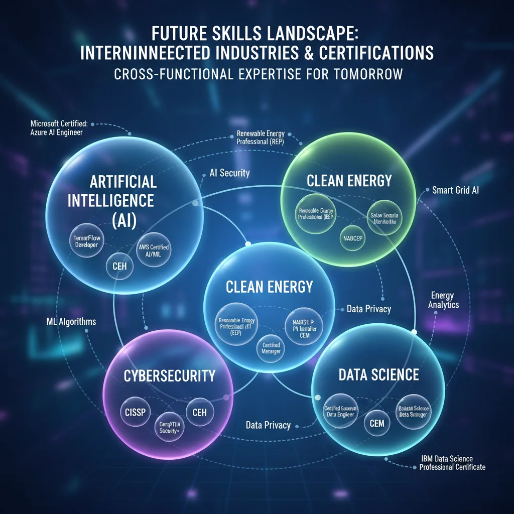 Infographic detailing interconnected emerging industries and their corresponding professional certifications.