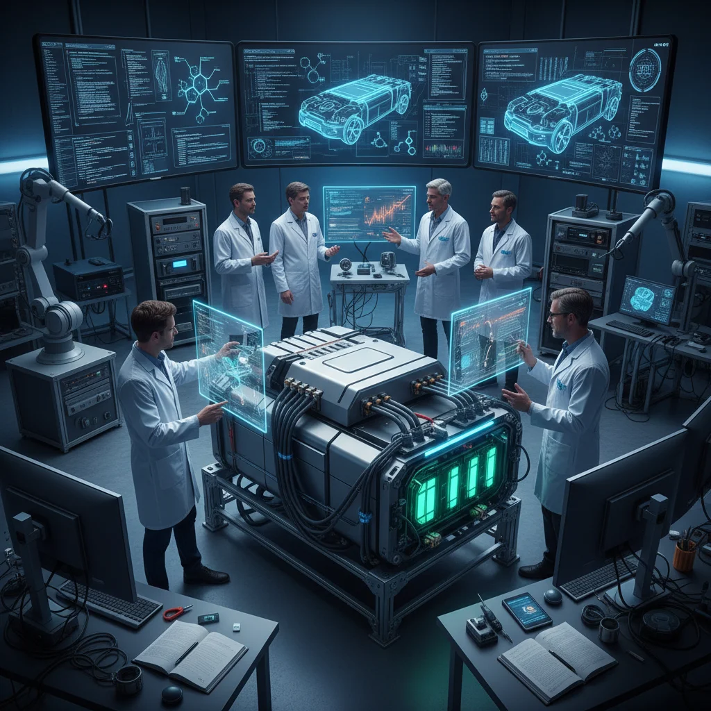Engineers researching advanced EV battery technology in a lab