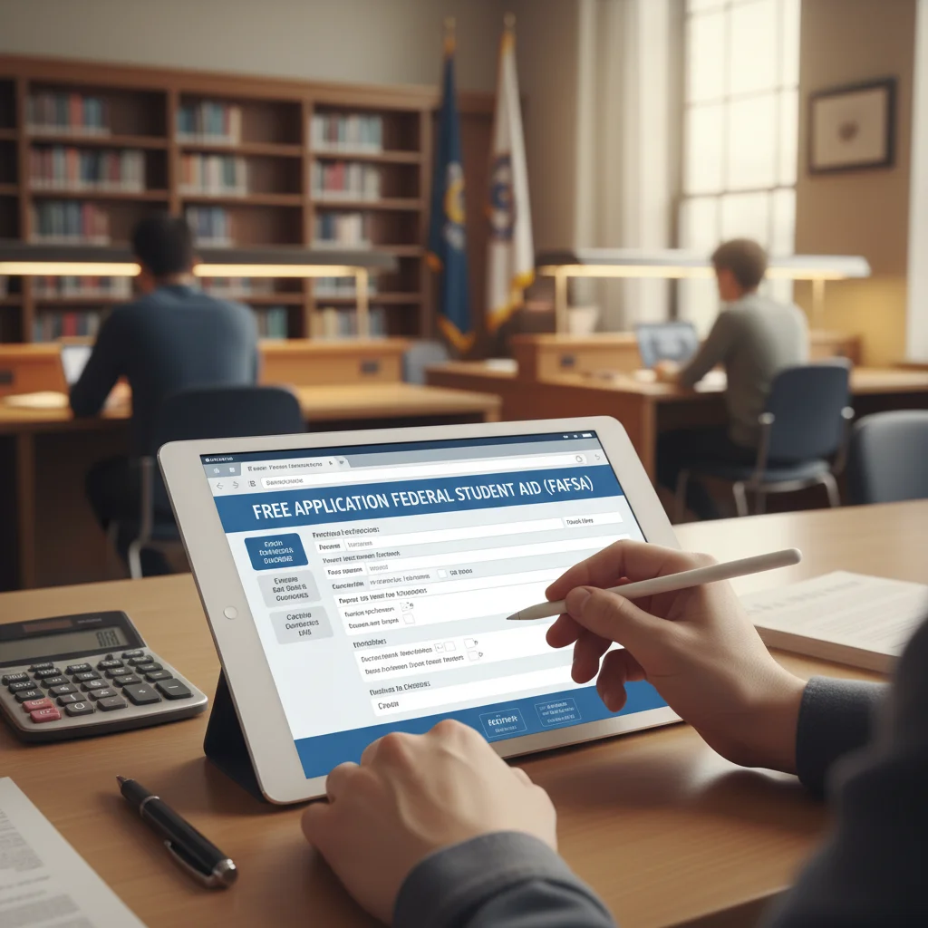 Hands completing a FAFSA form on a tablet, symbolizing the application for federal student aid.