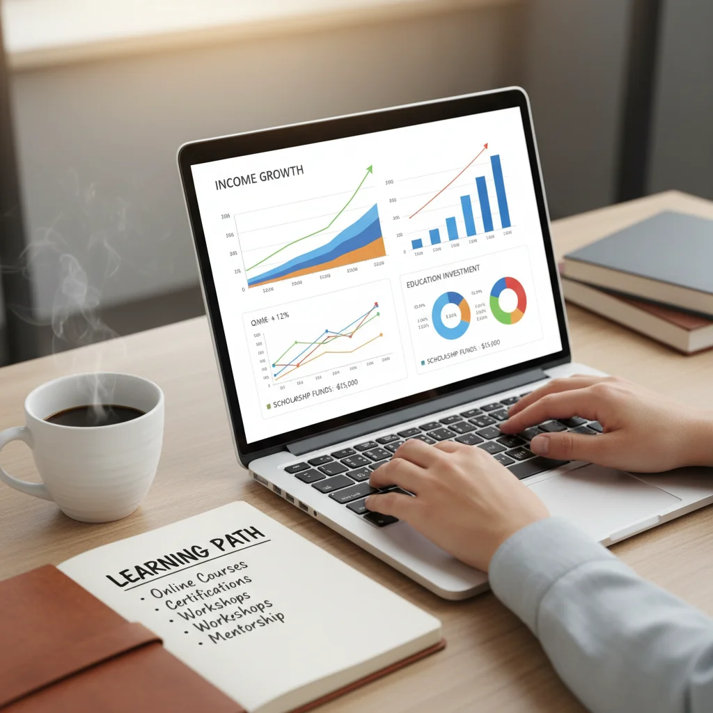 Hands typing on laptop with financial growth graphs, symbolizing investment in upskilling.